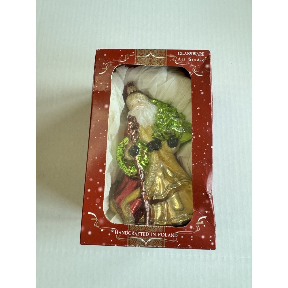 NEW GLASSWARE ART STUDIO SANTA ORNAMENT MOUTH BLOWN HAND PAINTED POLAND